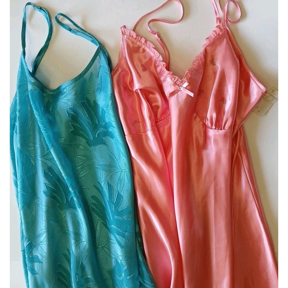 Lot Of 2 Silky Nightgown Intimate Sleepwear Lingerie-Pink & Turquoise Blue